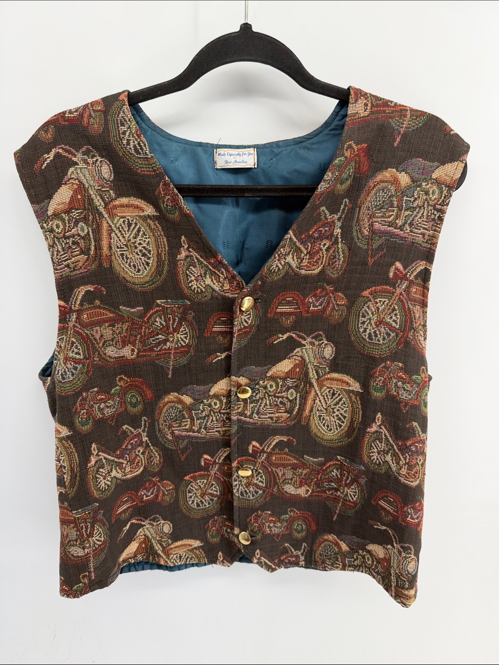Vintage Handmade novelty motorcycle woven tapestry upholstery button up vest